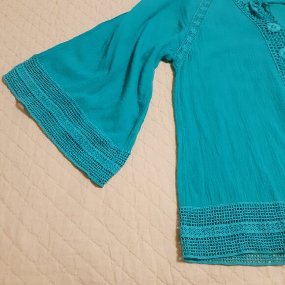 Esley cotton gauzy top or swim coverup sz S crocheted threadwork - Picture 6 of 8